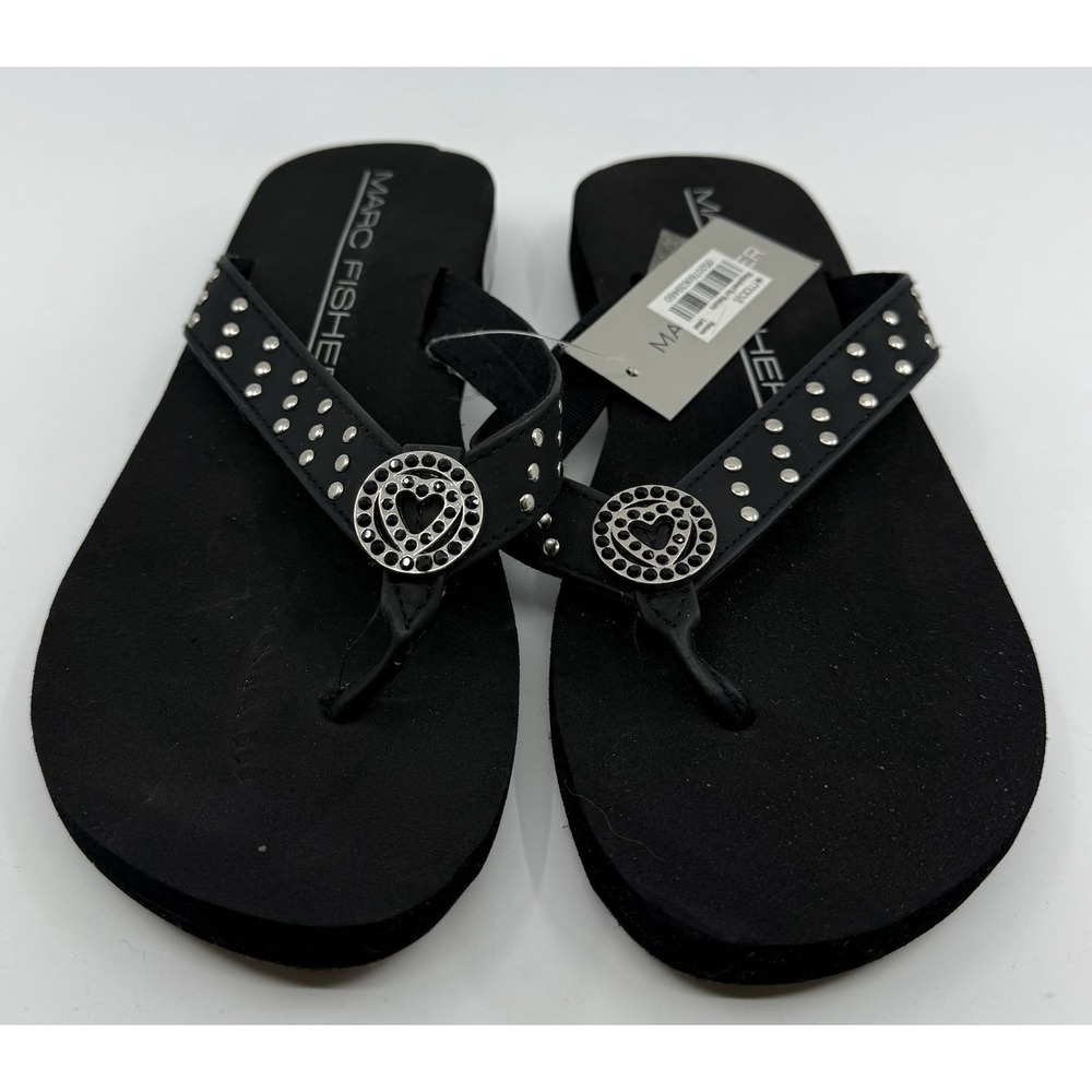 Marc Fisher Black Flip-Flops Heart Rhinestone Beaded Straps Ladies Size 7